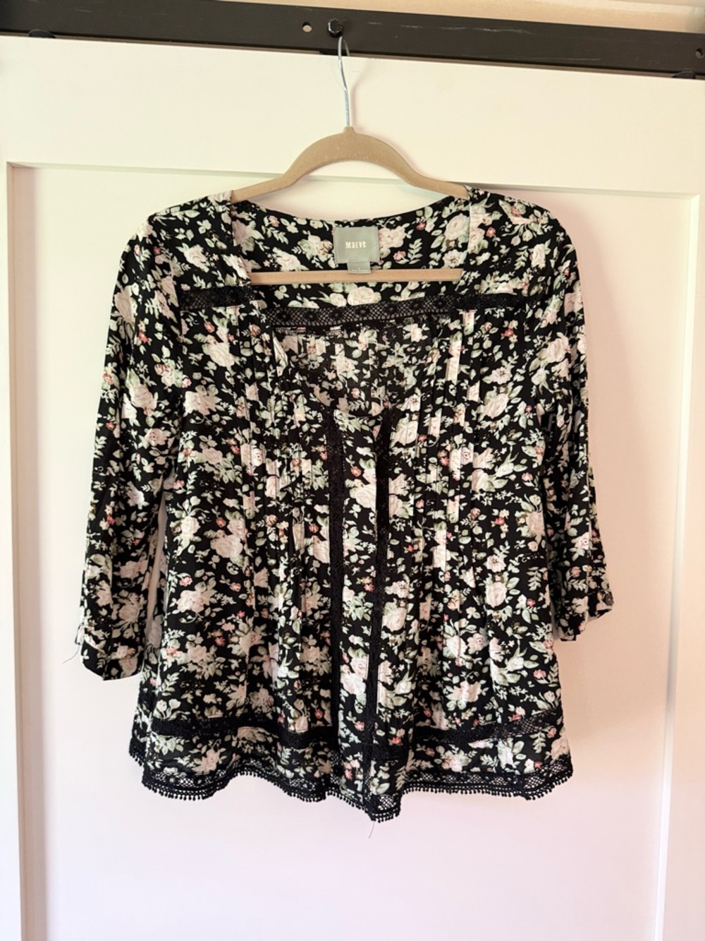 Maeve Black Floral Lace-Trim Blouse with Pink and Cream Blooms